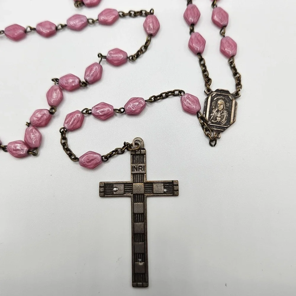 Vintage Czech Pink Glass Rosary Catholic Signed Czechoslovkia on Cross 22